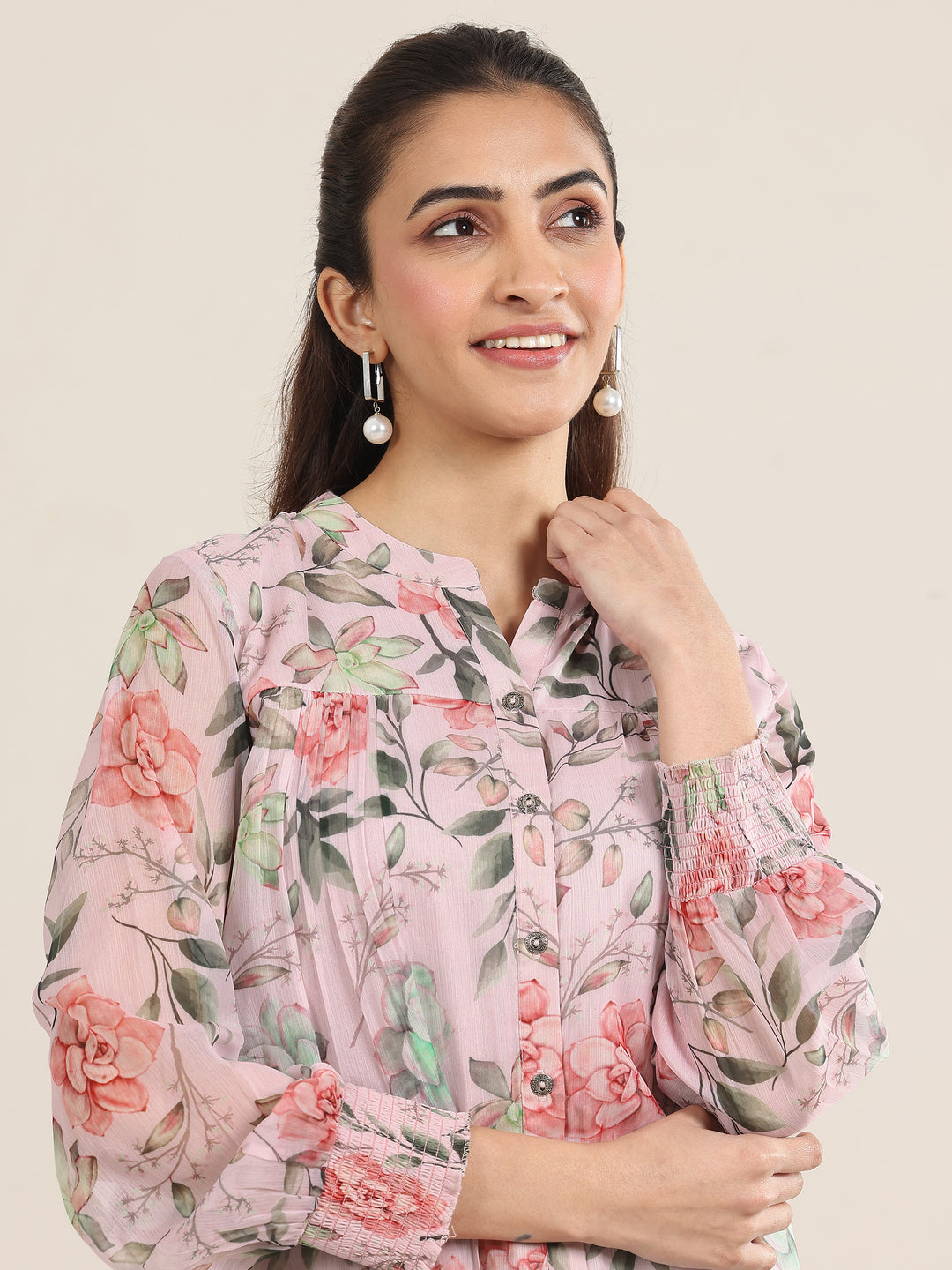  Pink Printed Chiffon Straight Short Kurti 