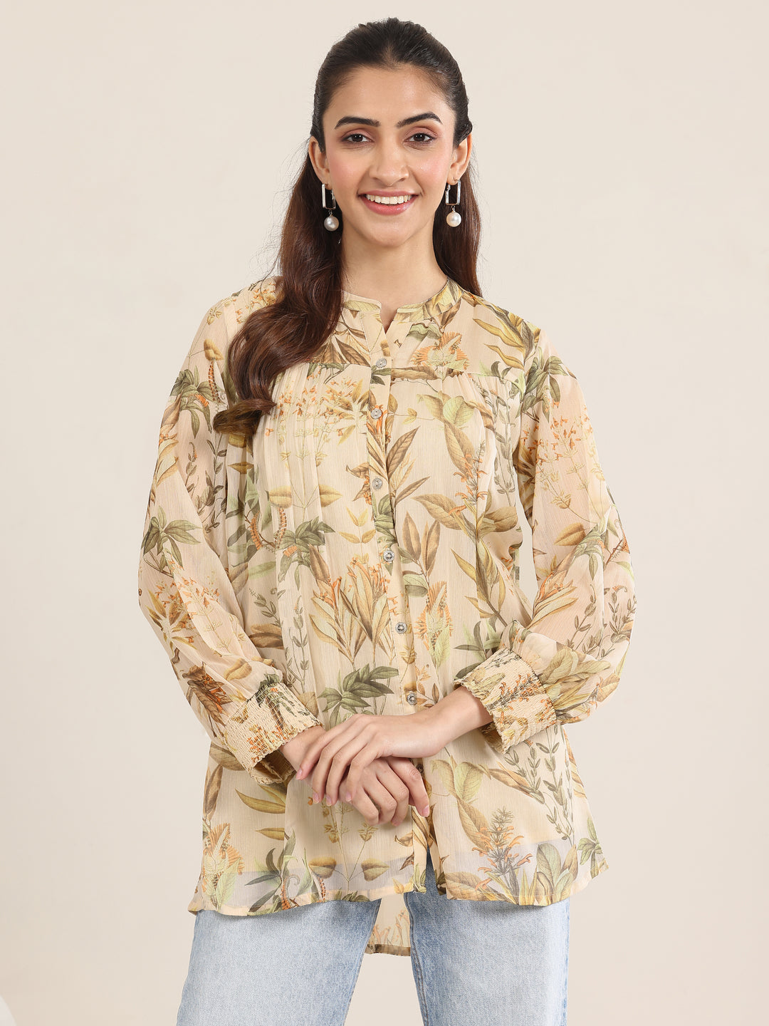  Beige Printed Chiffon Straight Short Kurti 