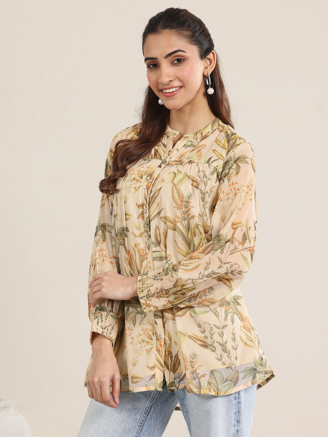  Beige Printed Chiffon Straight Short Kurti 