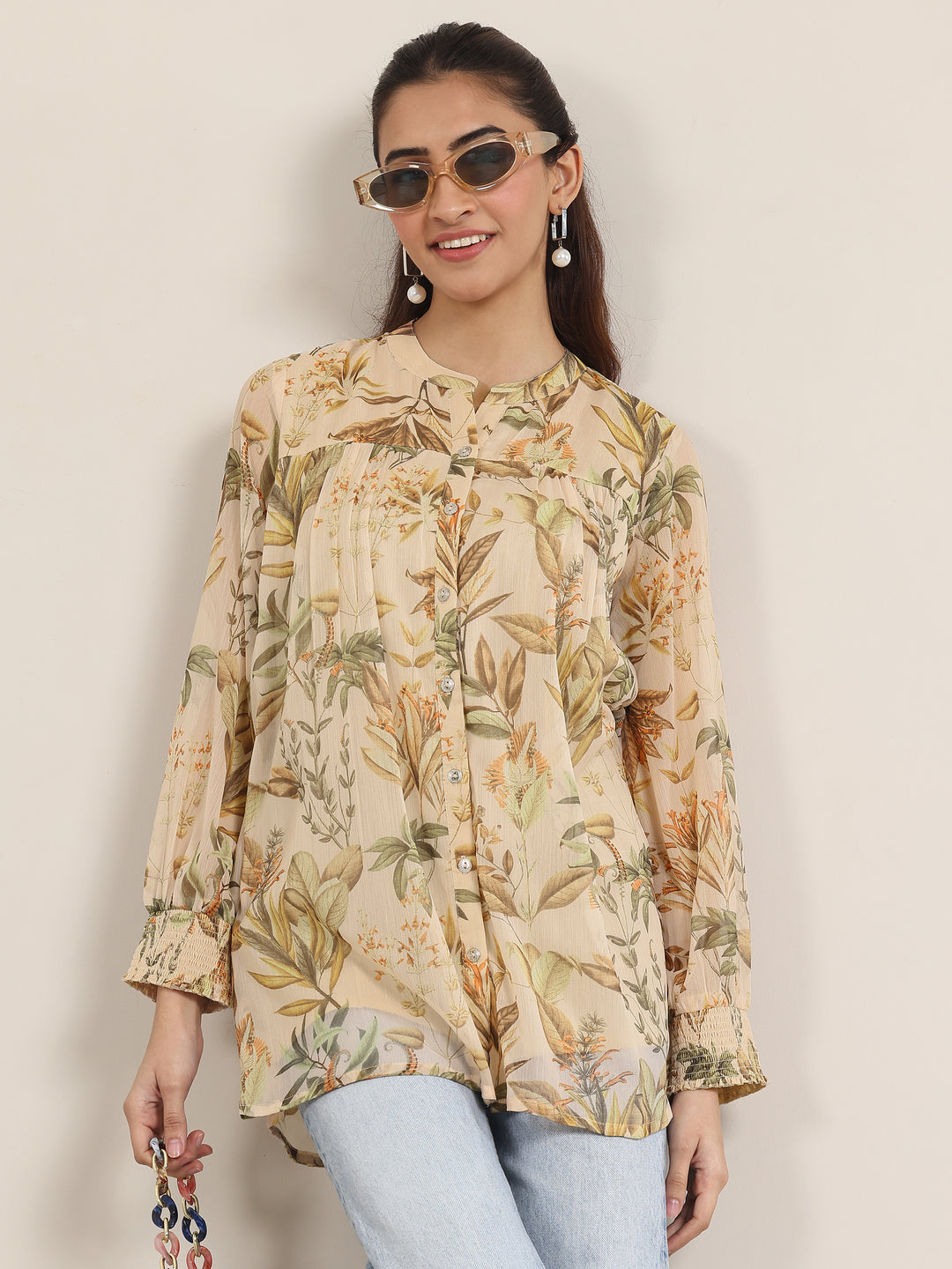 Beige Printed Chiffon Straight Short Kurti