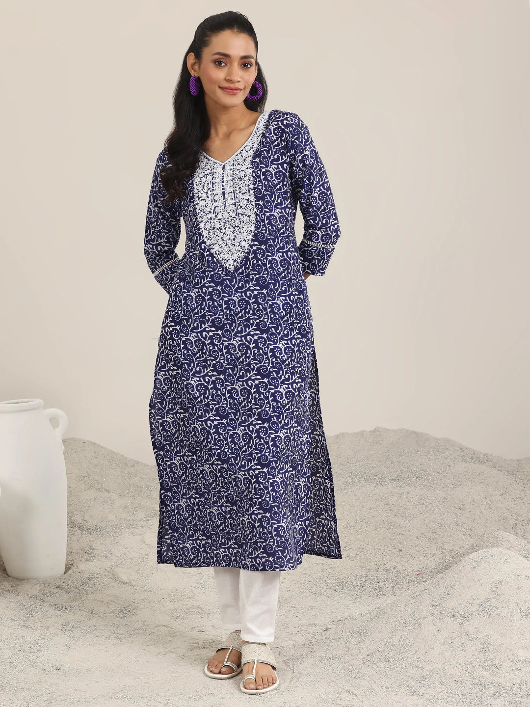  Indigo Printed Silk Blend Straight Kurta 