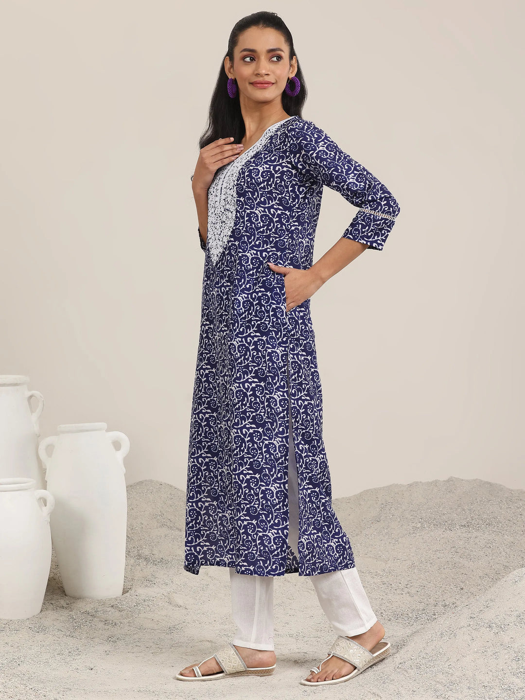  Indigo Printed Silk Blend Straight Kurta 