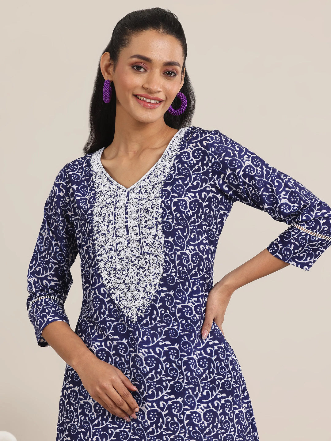  Indigo Printed Silk Blend Straight Kurta 