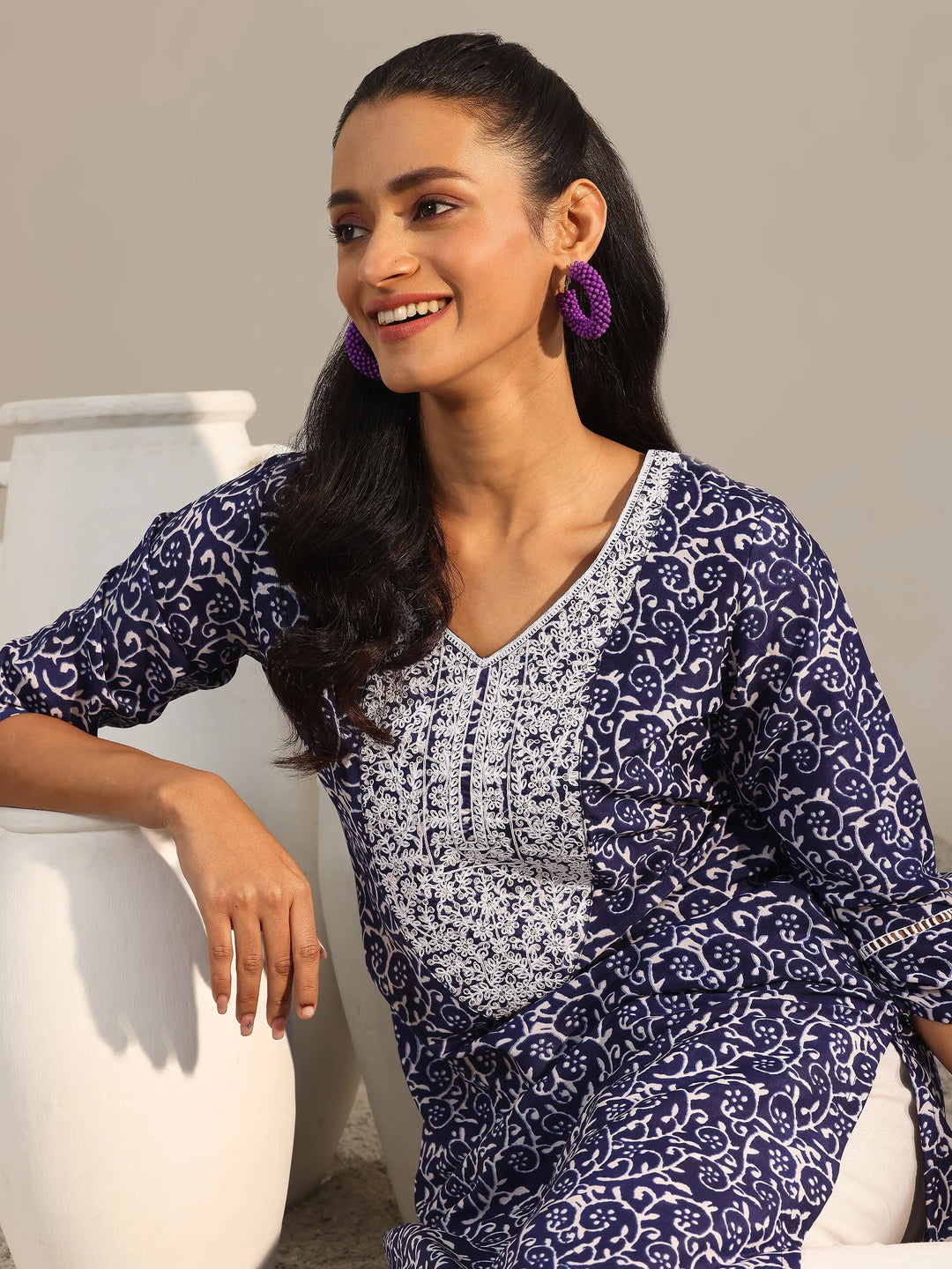  Indigo Printed Silk Blend Straight Kurta 