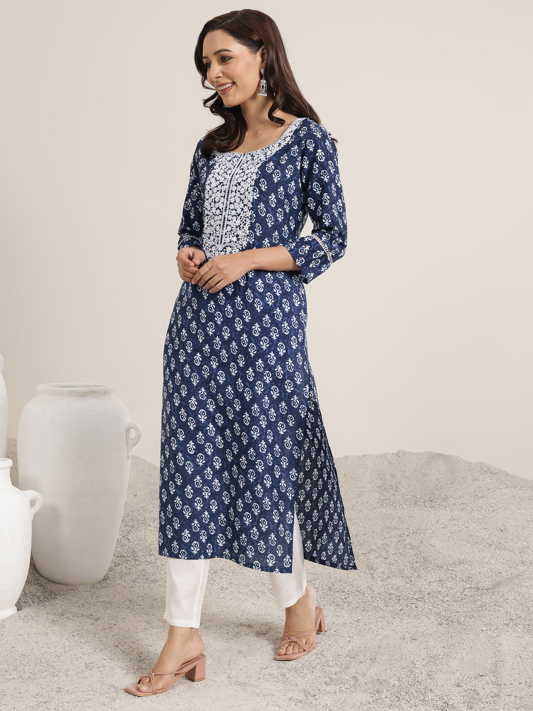  Indigo Printed Silk Blend Straight Kurta 