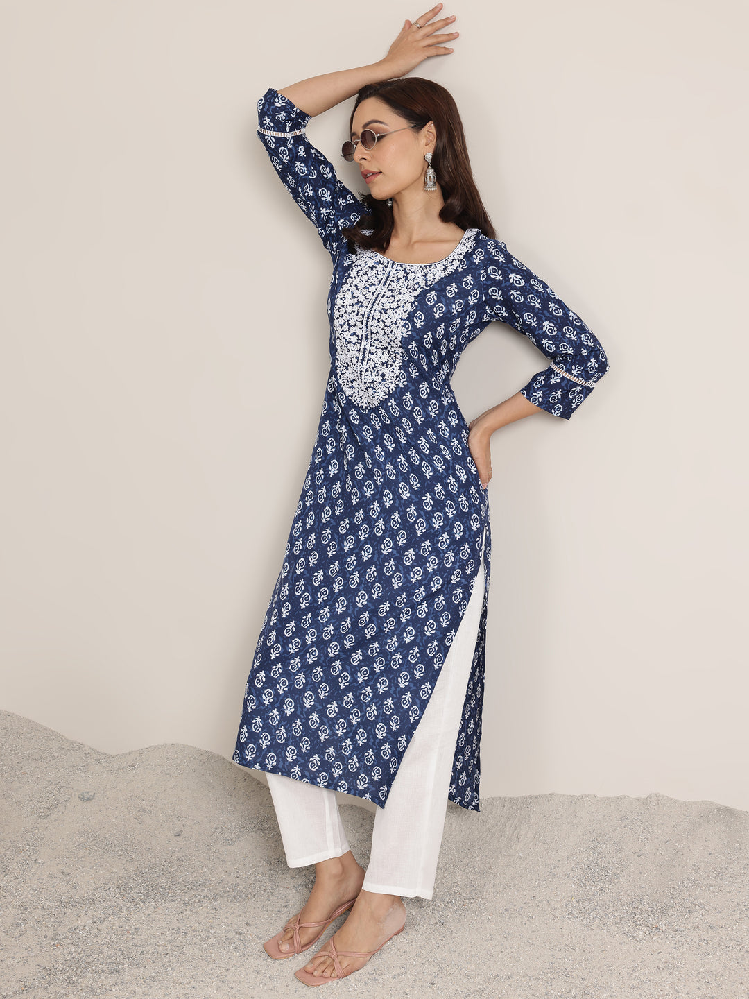  Indigo Printed Silk Blend Straight Kurta 