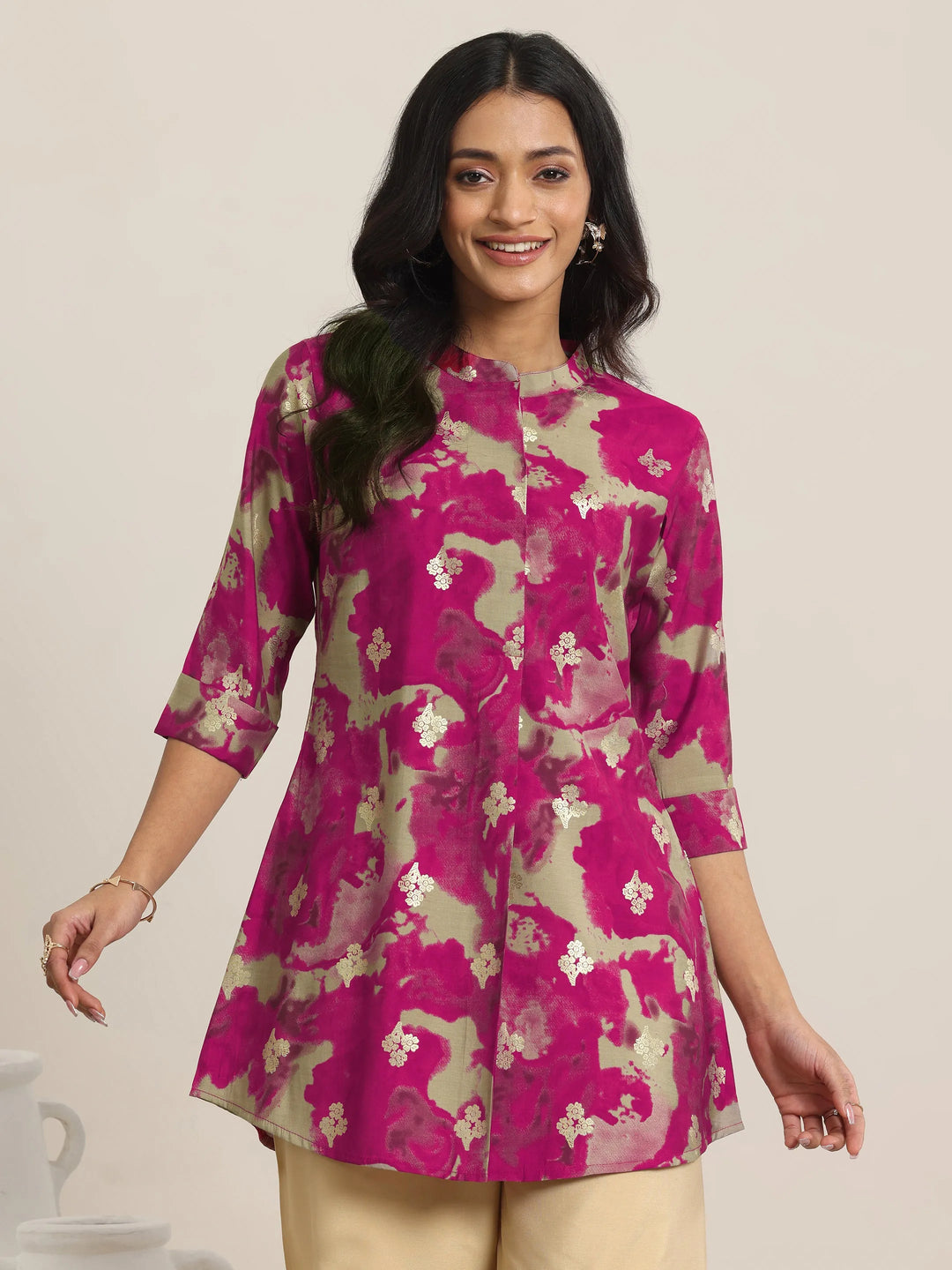  Pink Printed Silk Blend Straight Short Kurti 