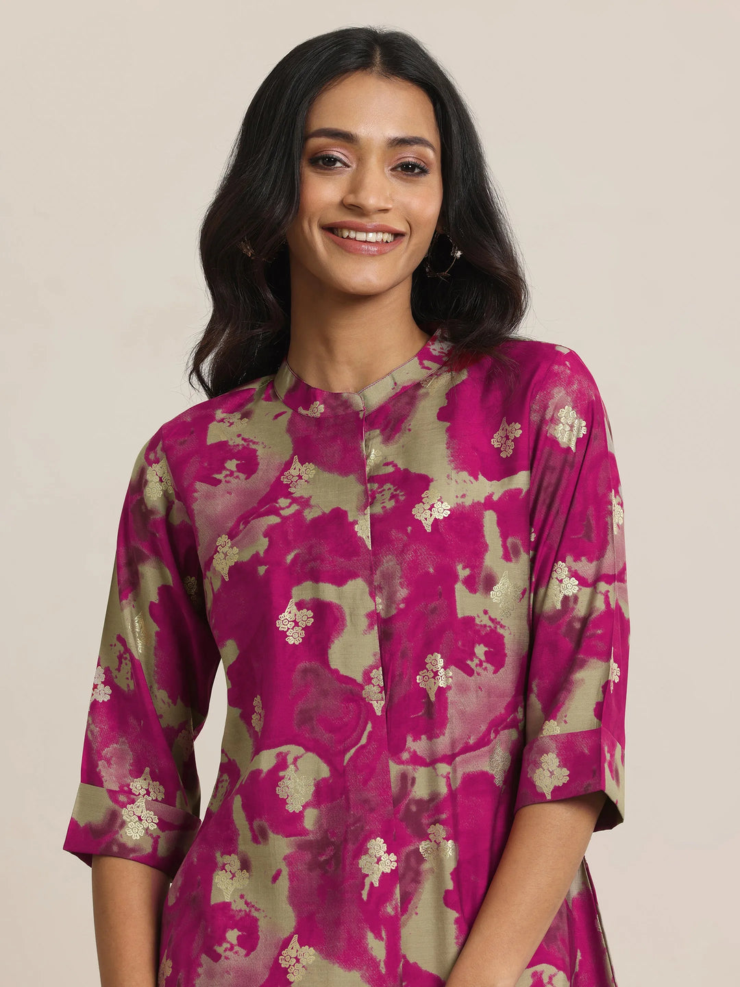  Pink Printed Silk Blend Straight Short Kurti 