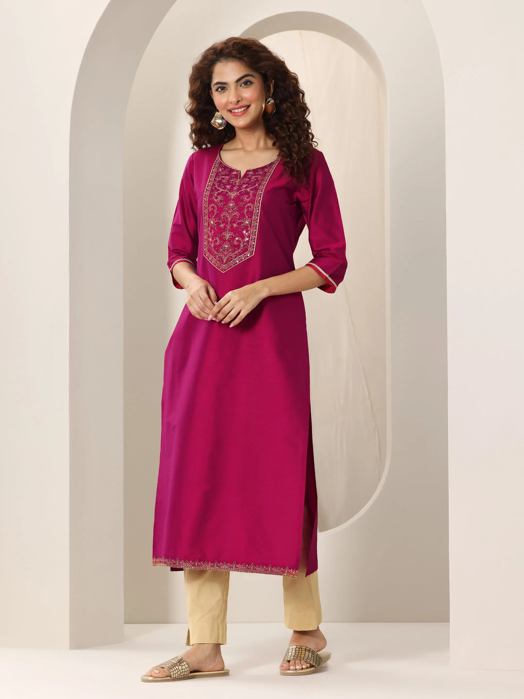  Pink Yoke Design Silk Straight Kurta 