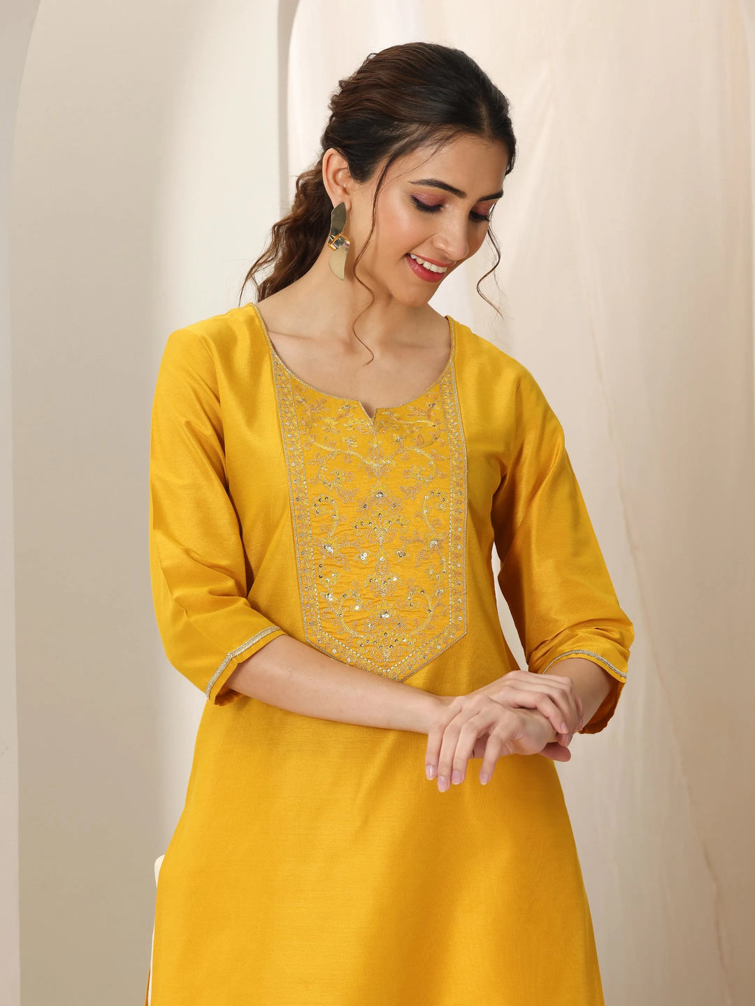  Mustard Yoke Design Silk Straight Kurta 