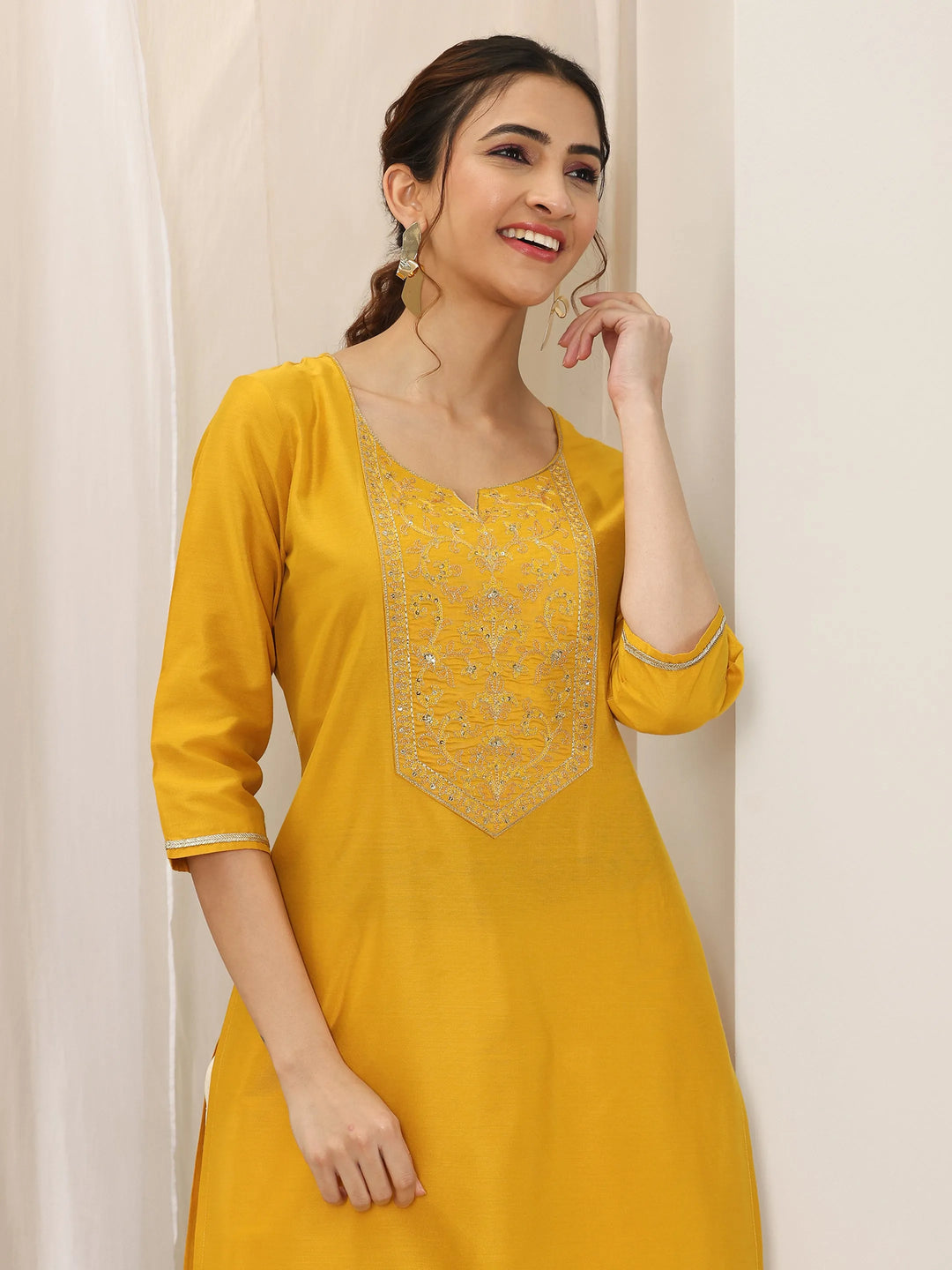  Mustard Yoke Design Silk Straight Kurta 