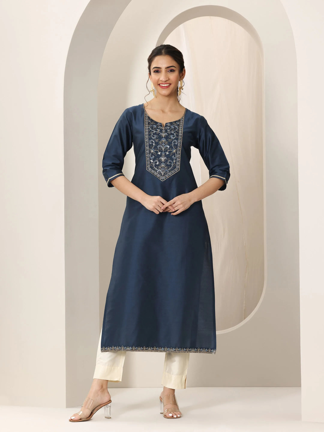  Navy Blue Yoke Design Silk Straight Kurta 