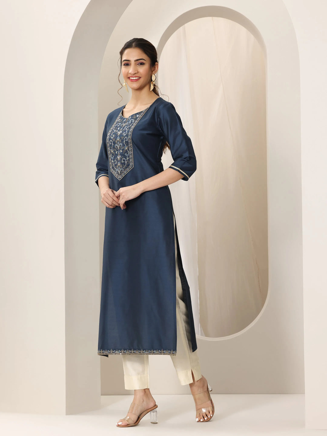  Navy Blue Yoke Design Silk Straight Kurta 