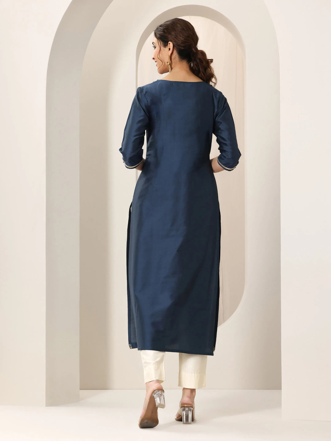  Navy Blue Yoke Design Silk Straight Kurta 