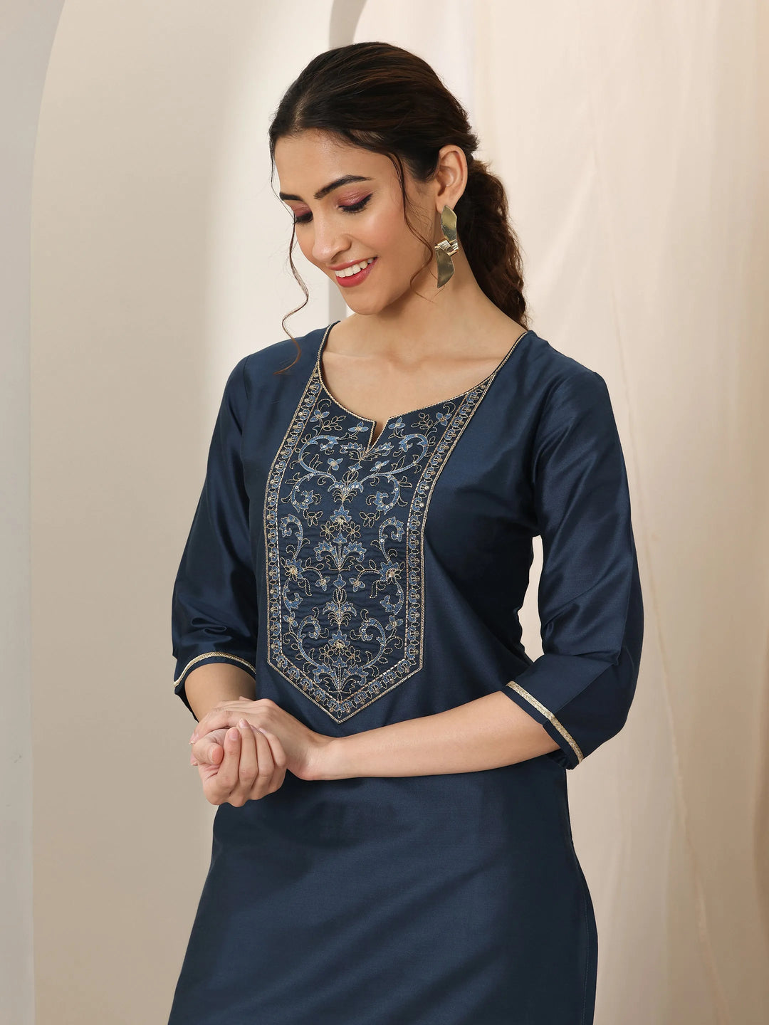  Navy Blue Yoke Design Silk Straight Kurta 