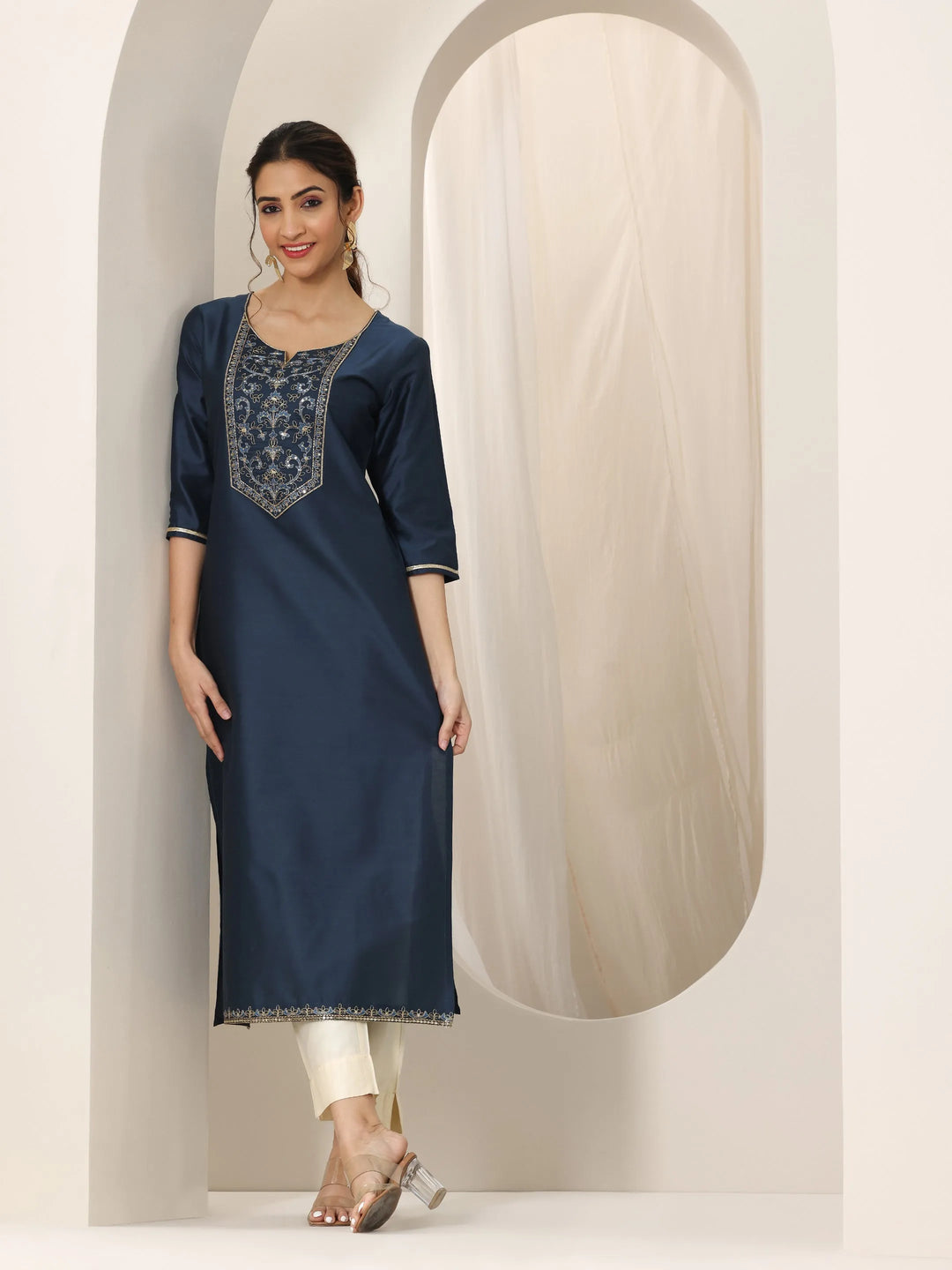  Navy Blue Yoke Design Silk Straight Kurta 