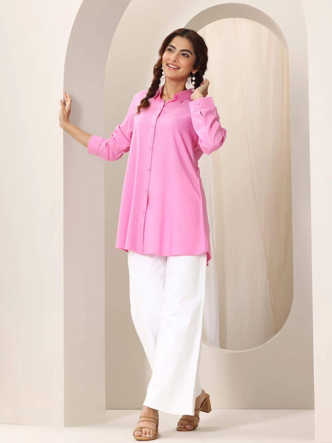 Pink Solid Rayon Straight Short Kurti