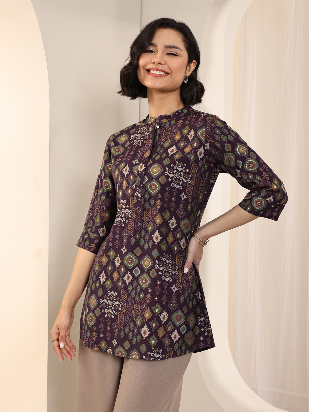  Burgundy Printed Silk Blend Straight Short Kurti 