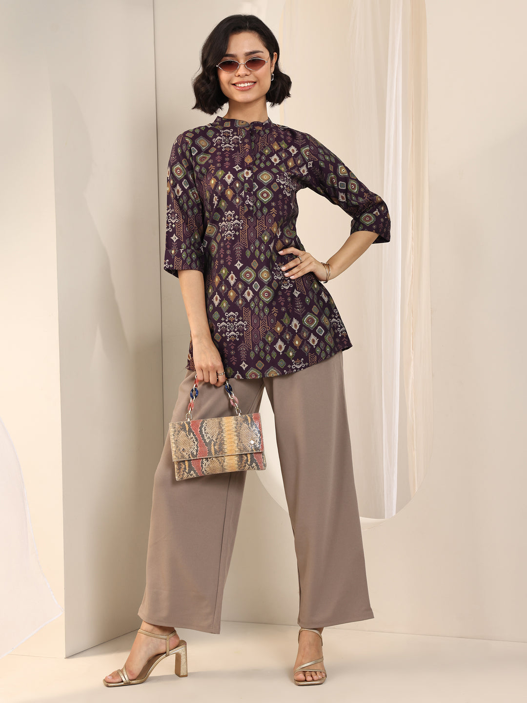  Burgundy Printed Silk Blend Straight Short Kurti 