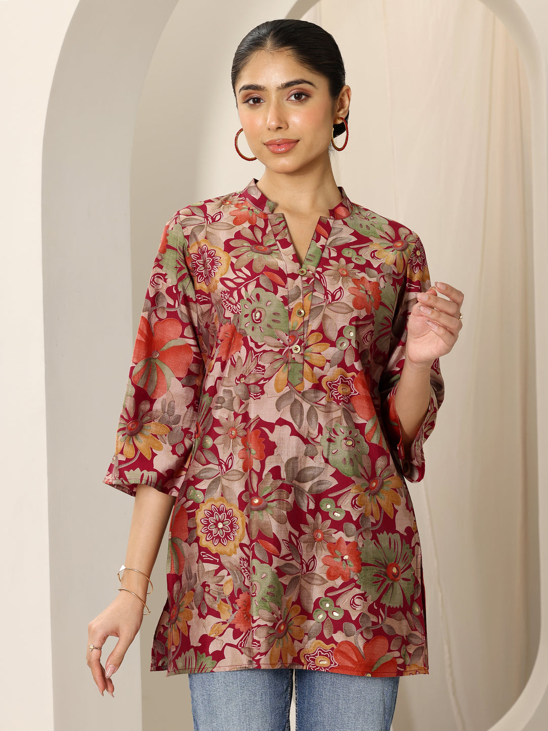  Multi Printed Silk Blend Straight Short Kurti 