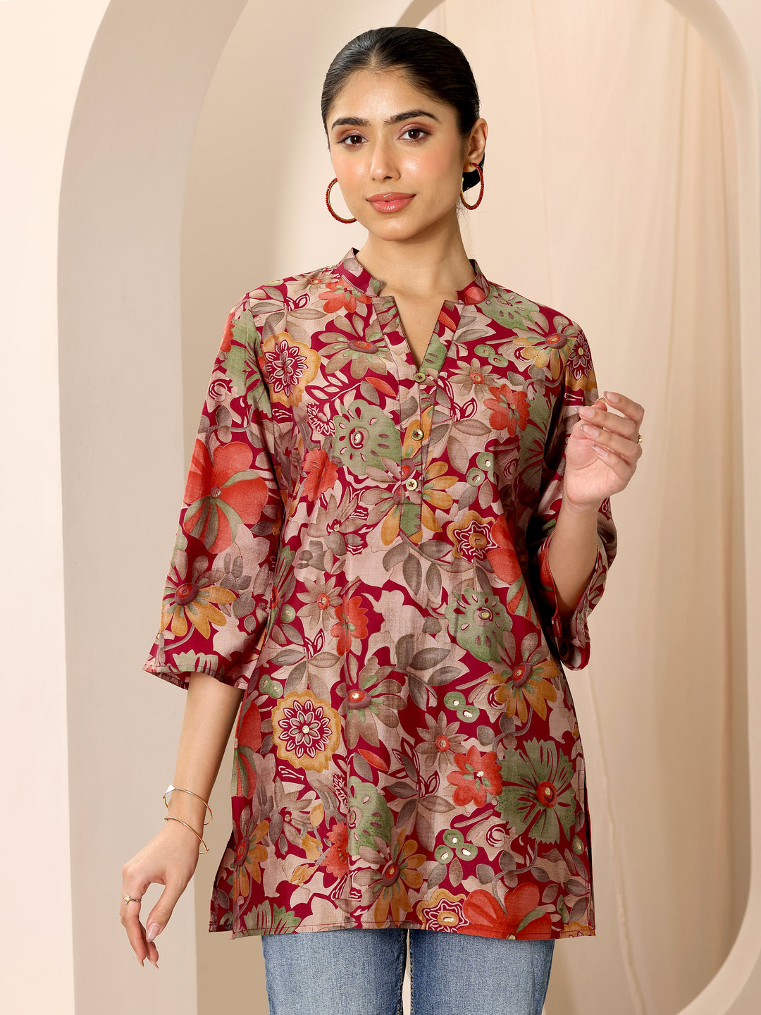  Multi Printed Silk Blend Straight Short Kurti 