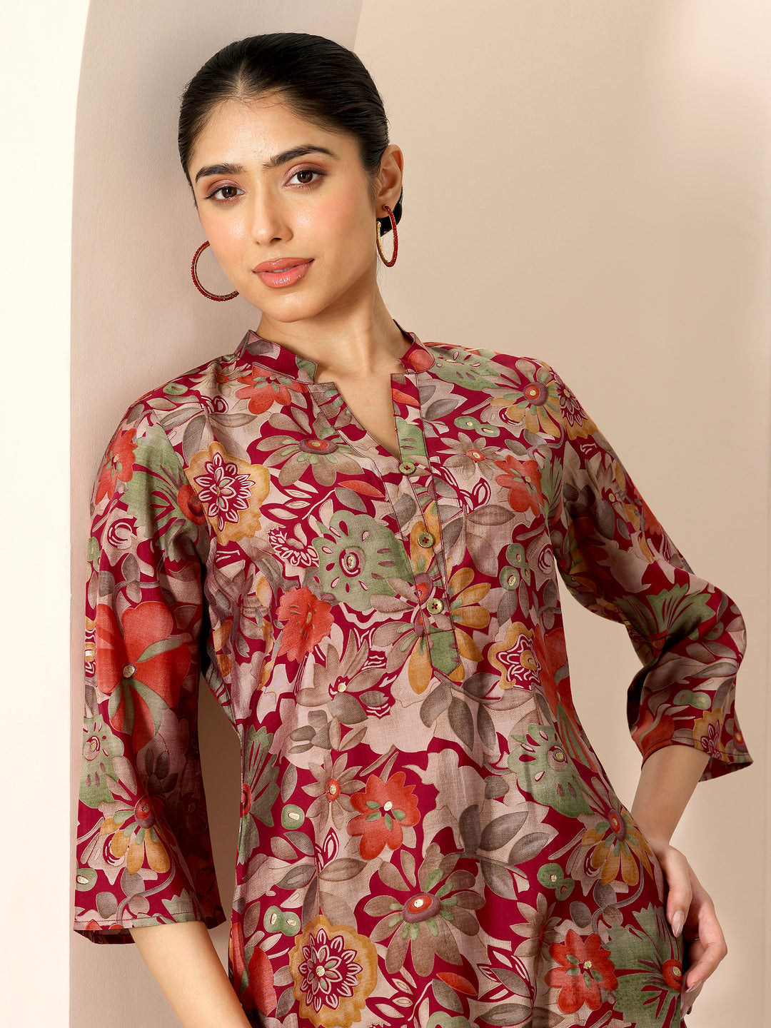 Multi Printed Silk Blend Straight Short Kurti