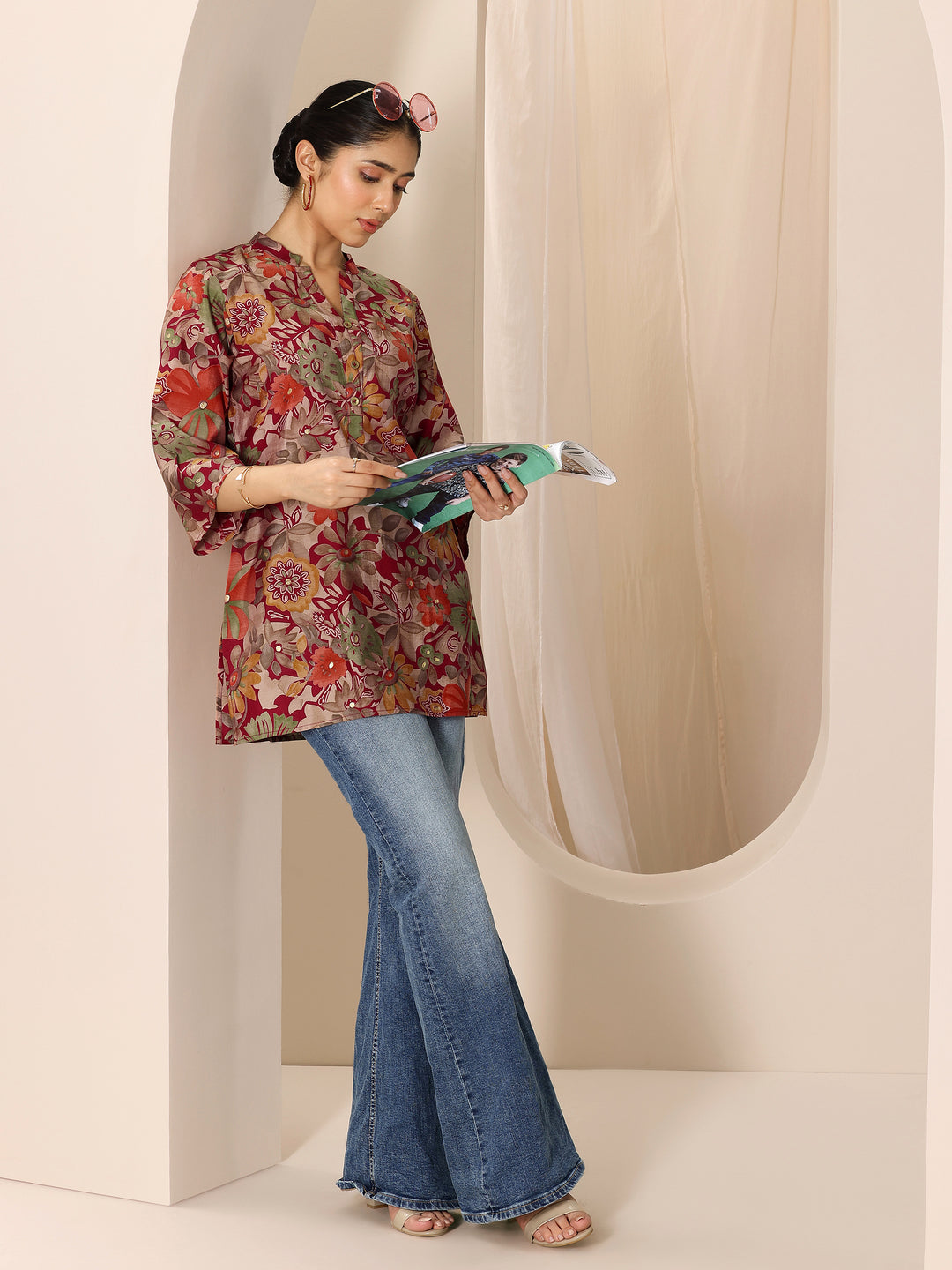  Multi Printed Silk Blend Straight Short Kurti 