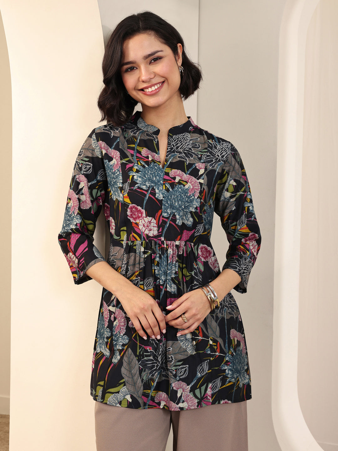  Black Printed Silk Blend A-Line Short Kurti 