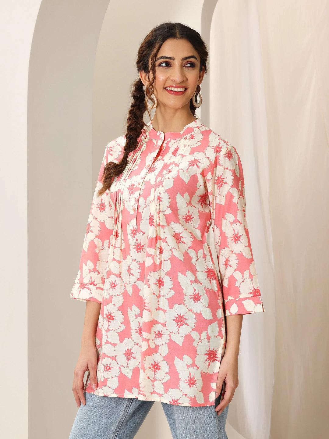  Pink Printed Silk Blend  Short Kurti 