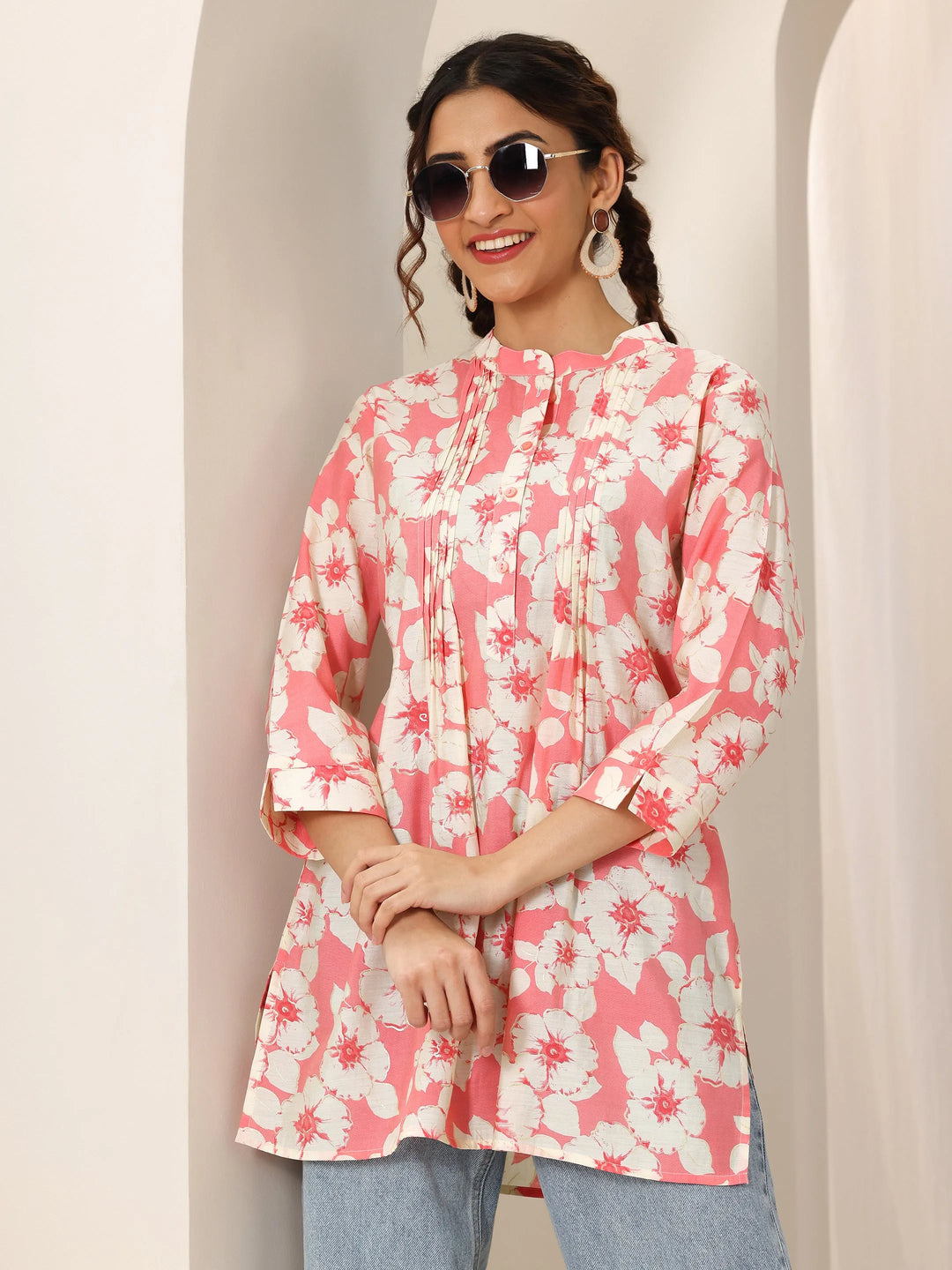  Pink Printed Silk Blend  Short Kurti 