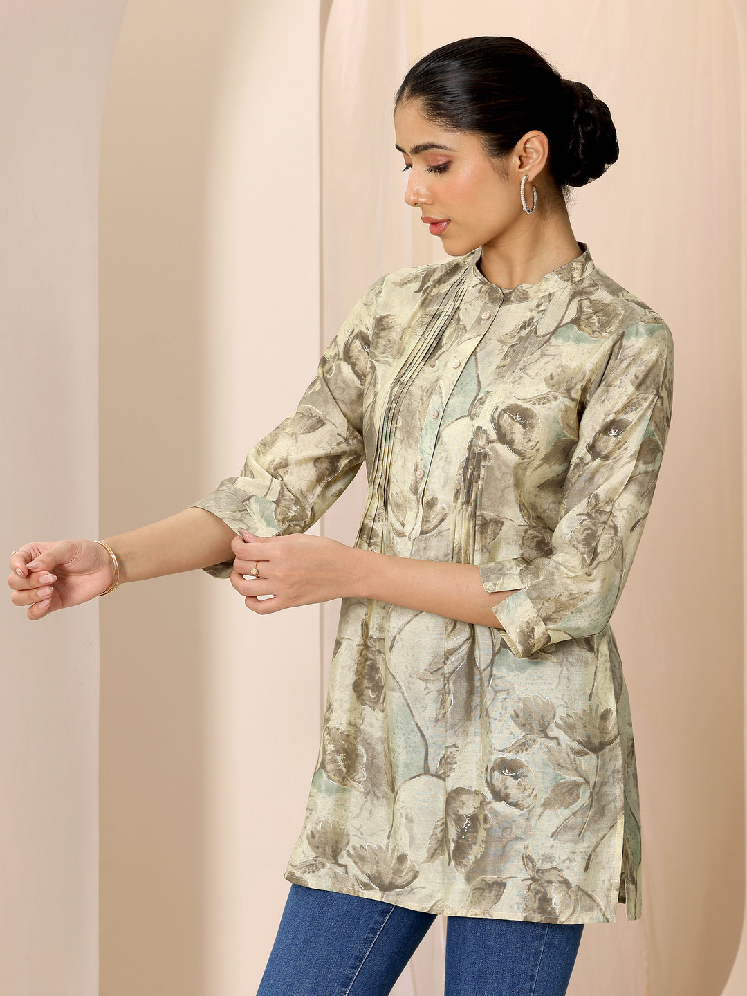  Beige Printed Silk Blend Straight Short Kurti 