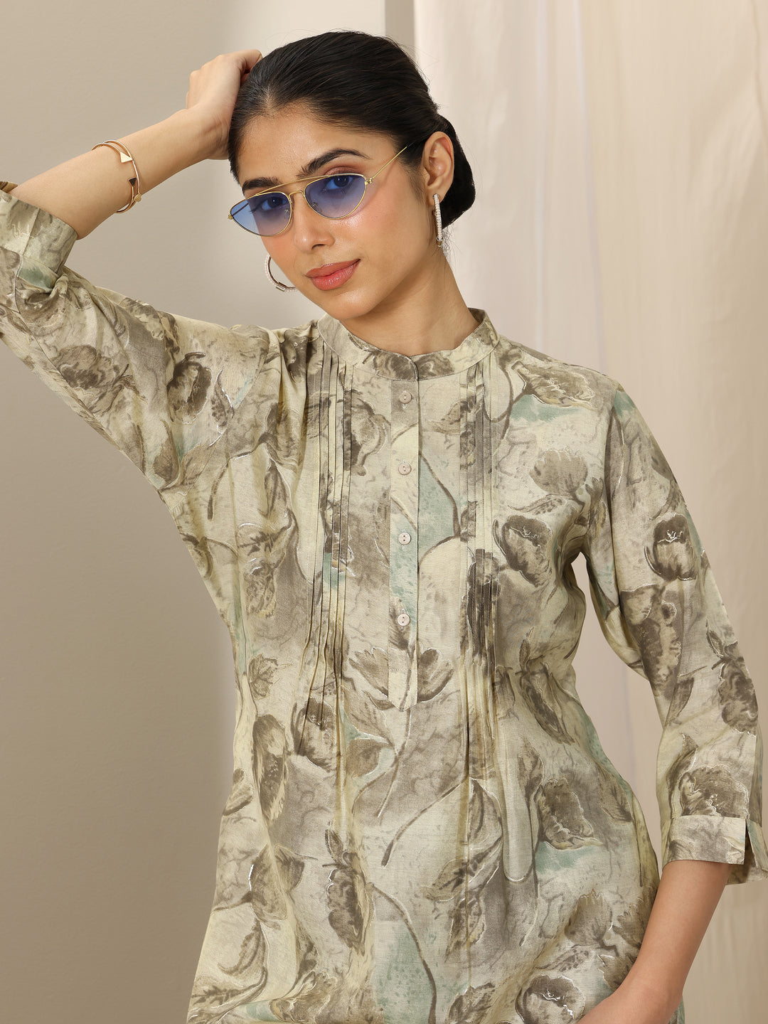 Beige Printed Silk Blend Straight Short Kurti