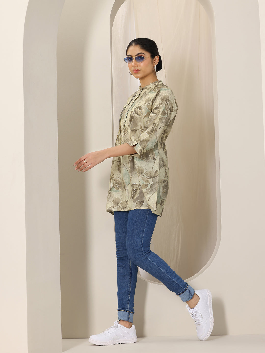  Beige Printed Silk Blend Straight Short Kurti 