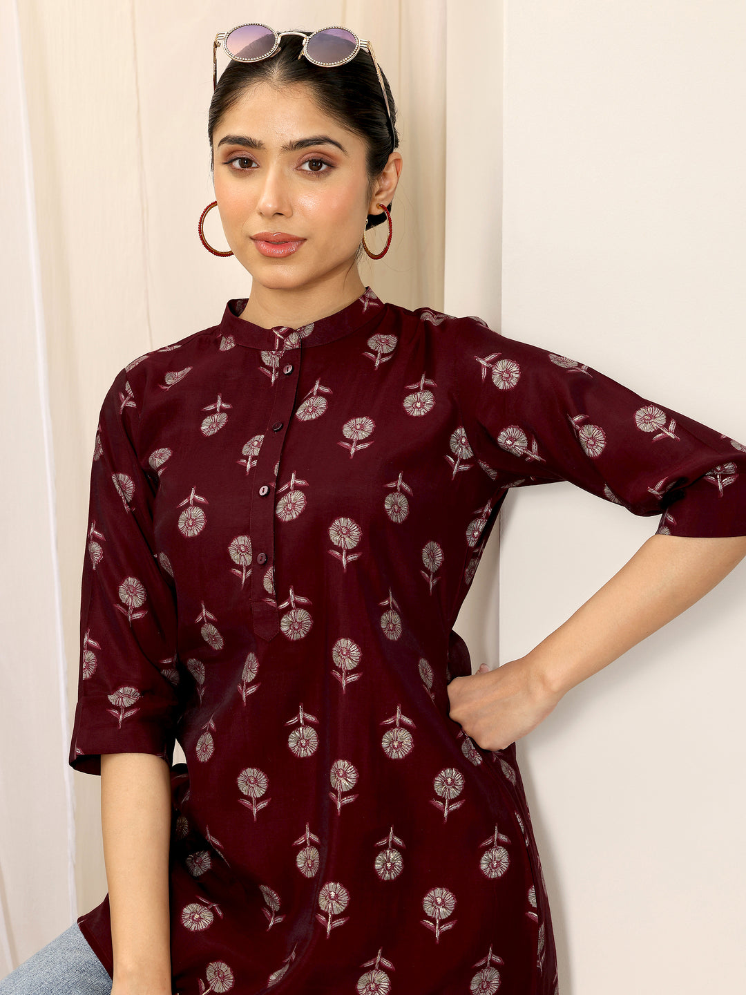 Maroon  Silk Blend Straight Short Kurti