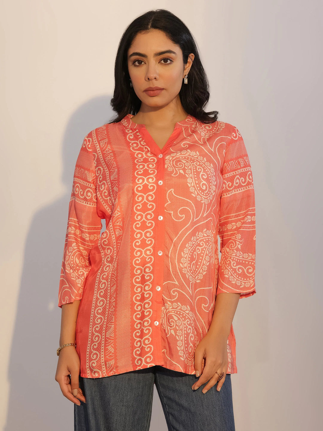  Orange Printed Silk Blend Tunic 