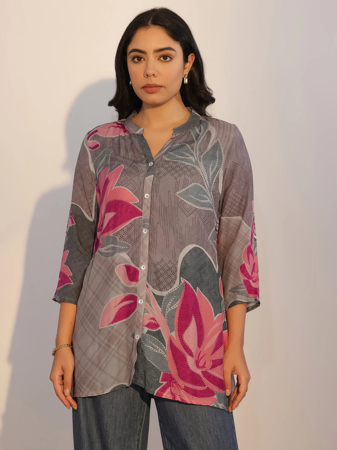  Grey Printed Silk Blend Tunic 