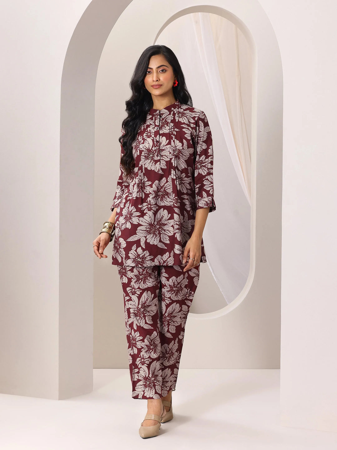  Maroon Printed Silk Blend Co-Ord Sets 