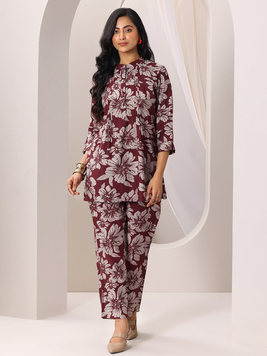 Maroon Printed Silk Blend Co-Ord Sets