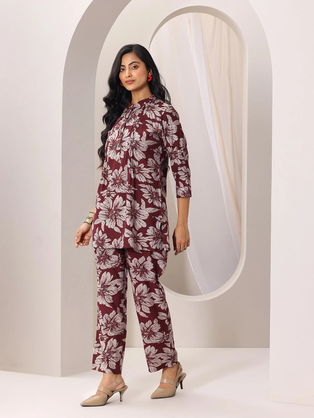  Maroon Printed Silk Blend Co-Ord Sets 