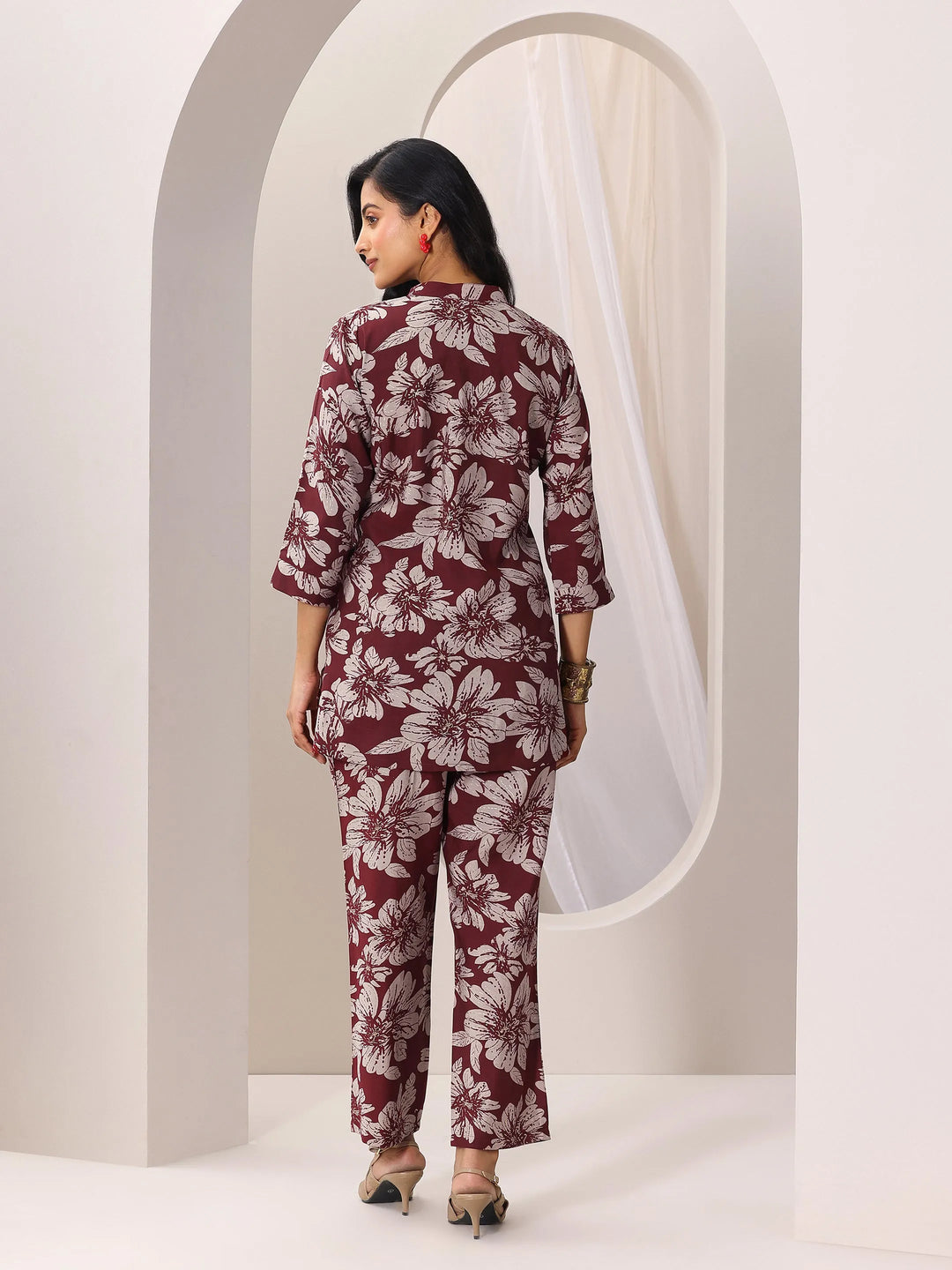  Maroon Printed Silk Blend Co-Ord Sets 