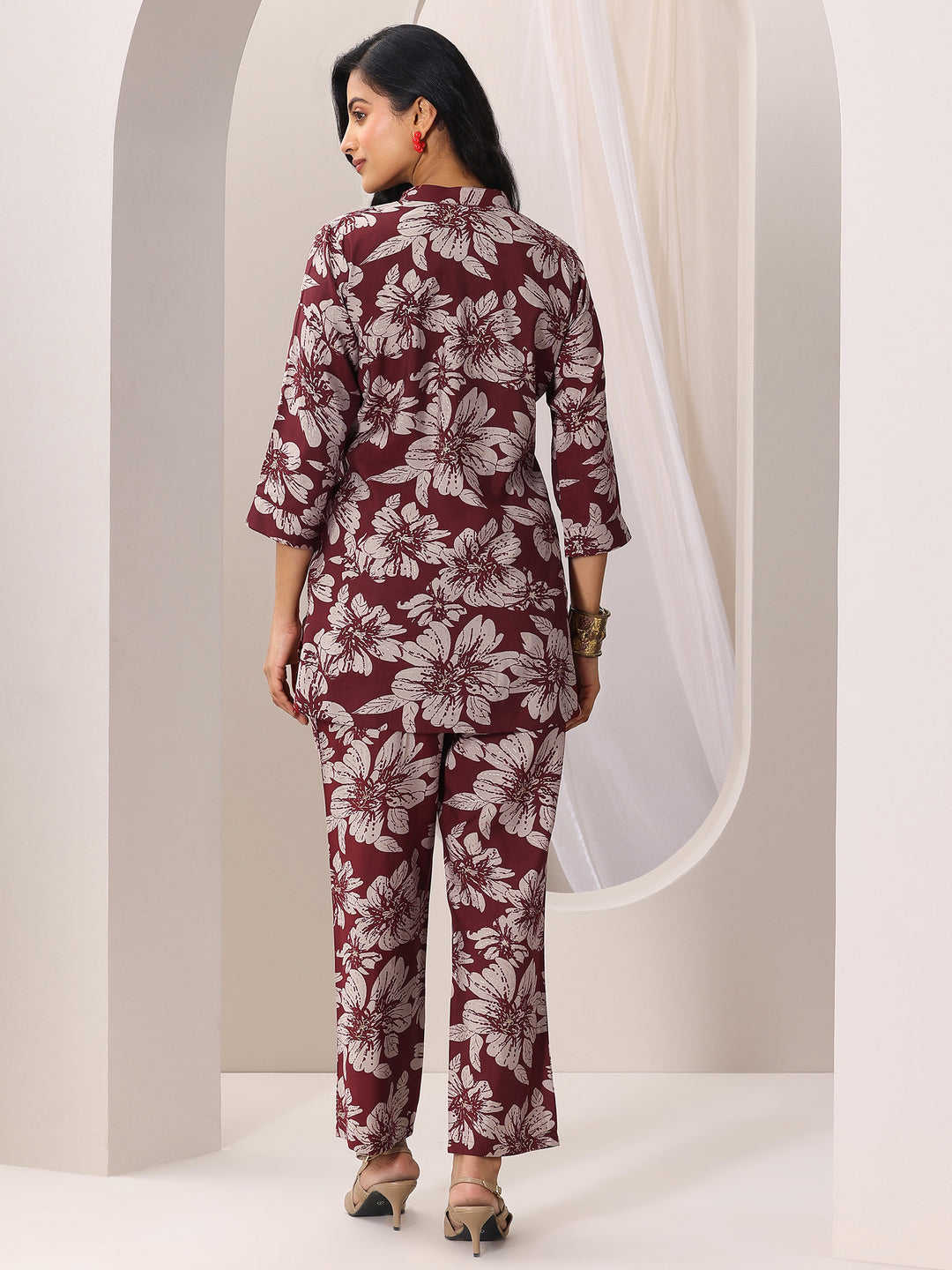  Maroon Printed Silk Blend Co-Ord Sets 