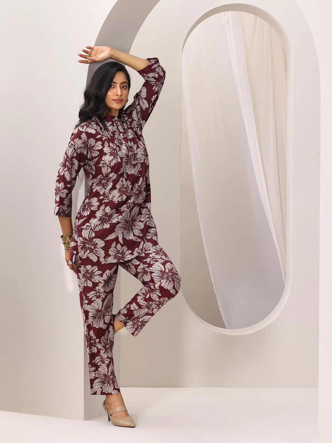  Maroon Printed Silk Blend Co-Ord Sets 