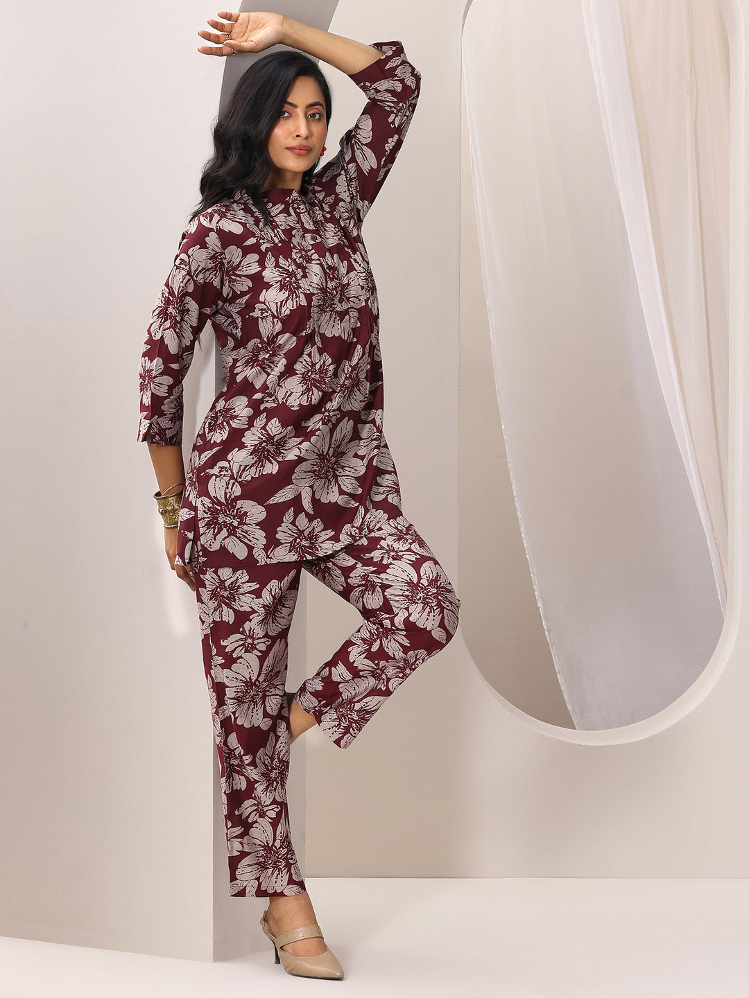  Maroon Printed Silk Blend Co-Ord Sets 