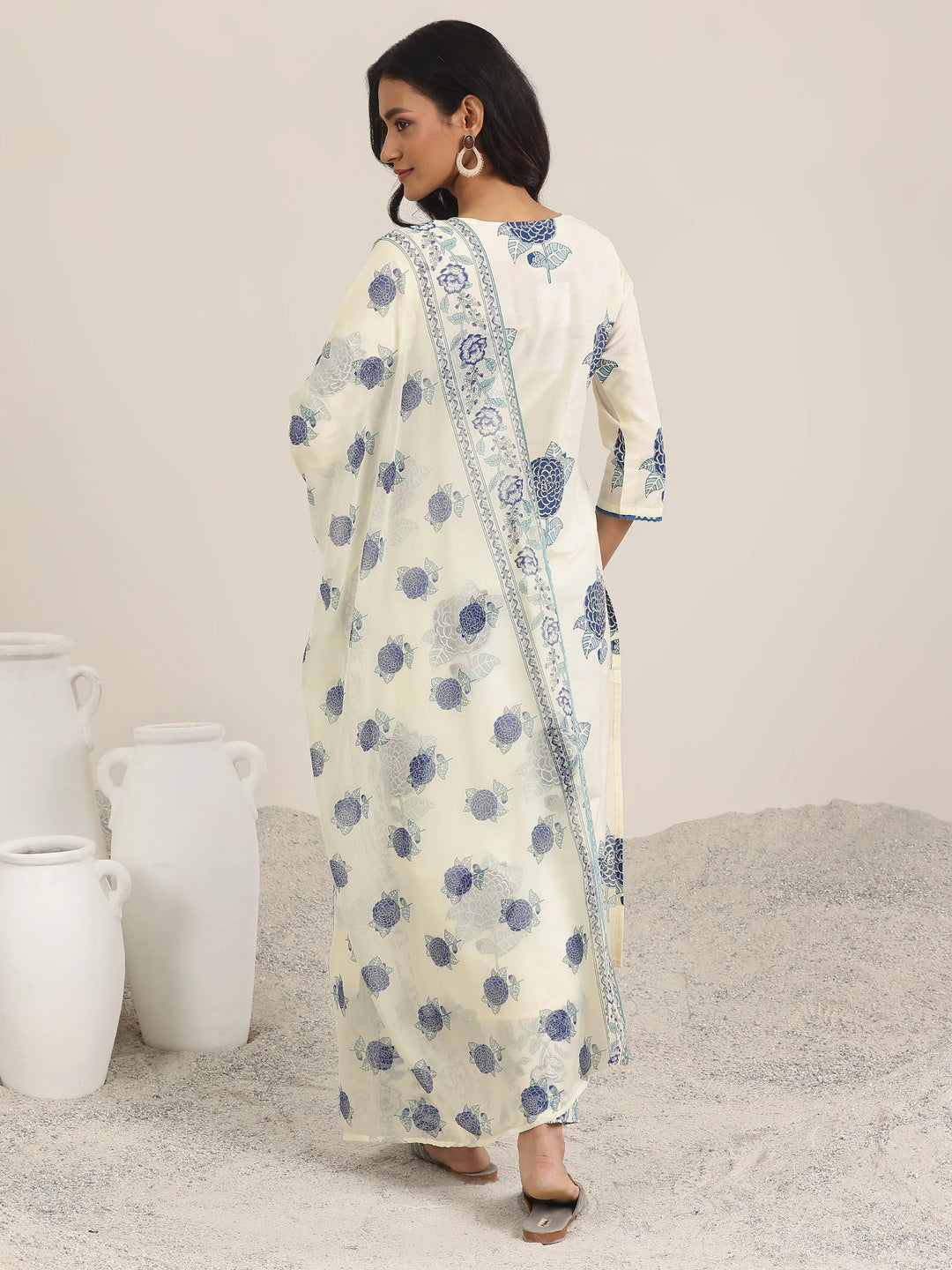  Off White Printed Chanderi Silk Straight Suit With Dupatta 