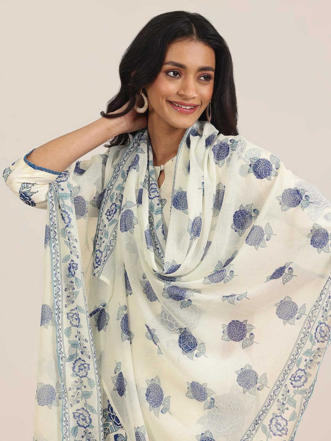  Off White Printed Chanderi Silk Straight Suit With Dupatta 