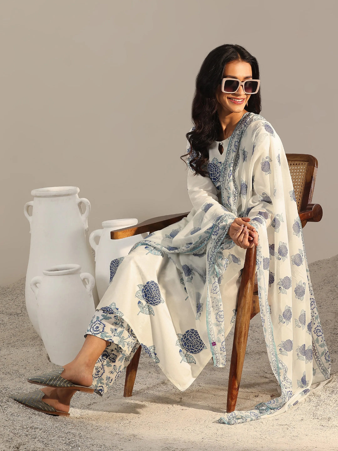  Off White Printed Chanderi Silk Straight Suit With Dupatta 