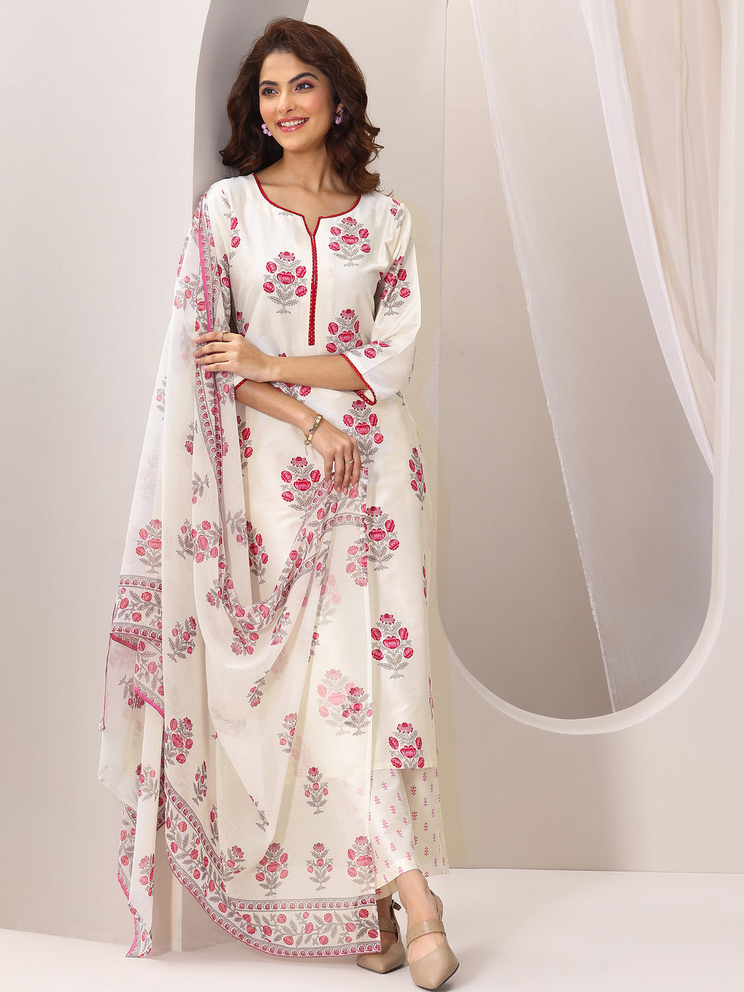 Off White Printed Chanderi Silk Straight Suit Set With Dupatta