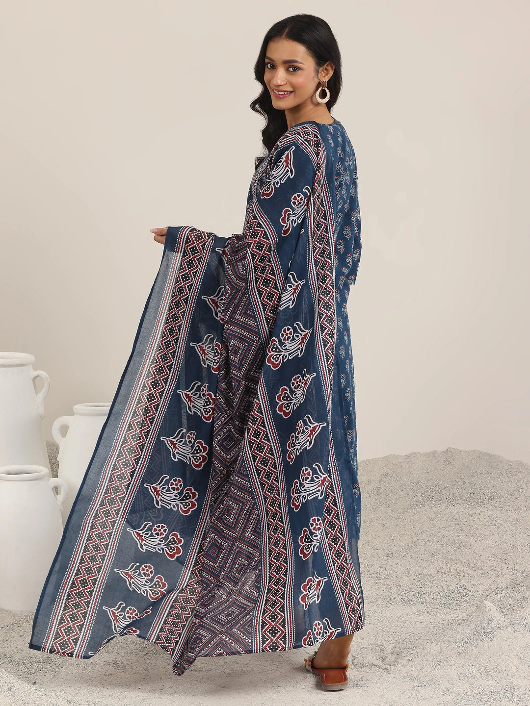  Blue Printed Cotton Straight Suit With Dupatta 