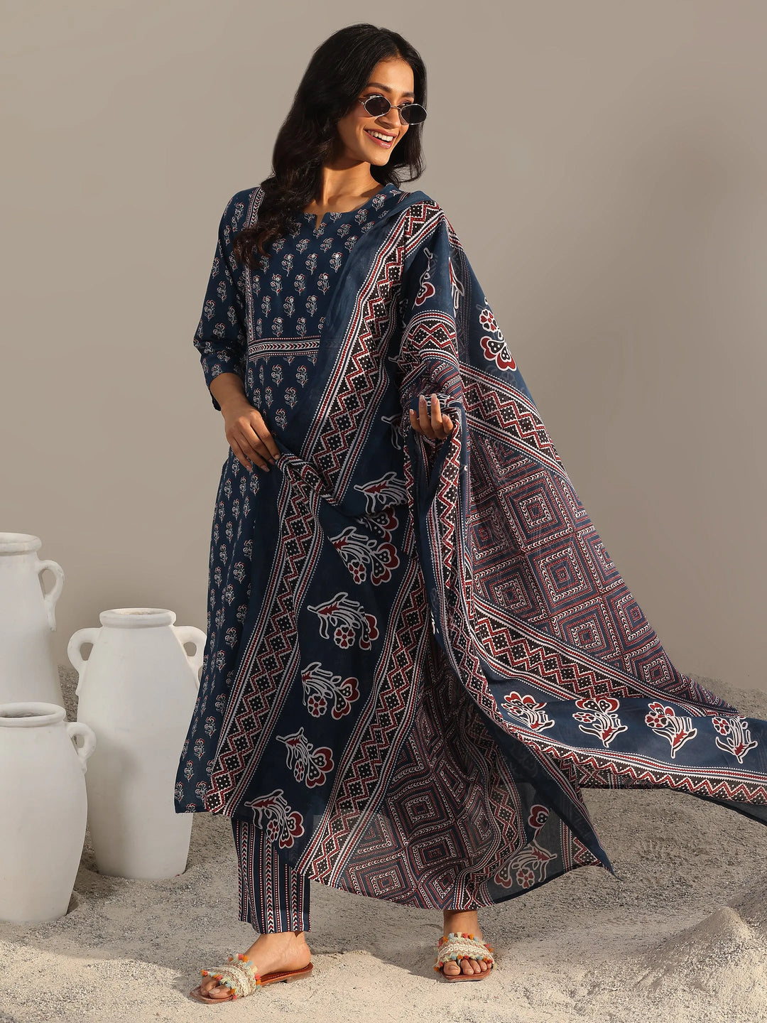 Blue Printed Cotton Straight Suit With Dupatta