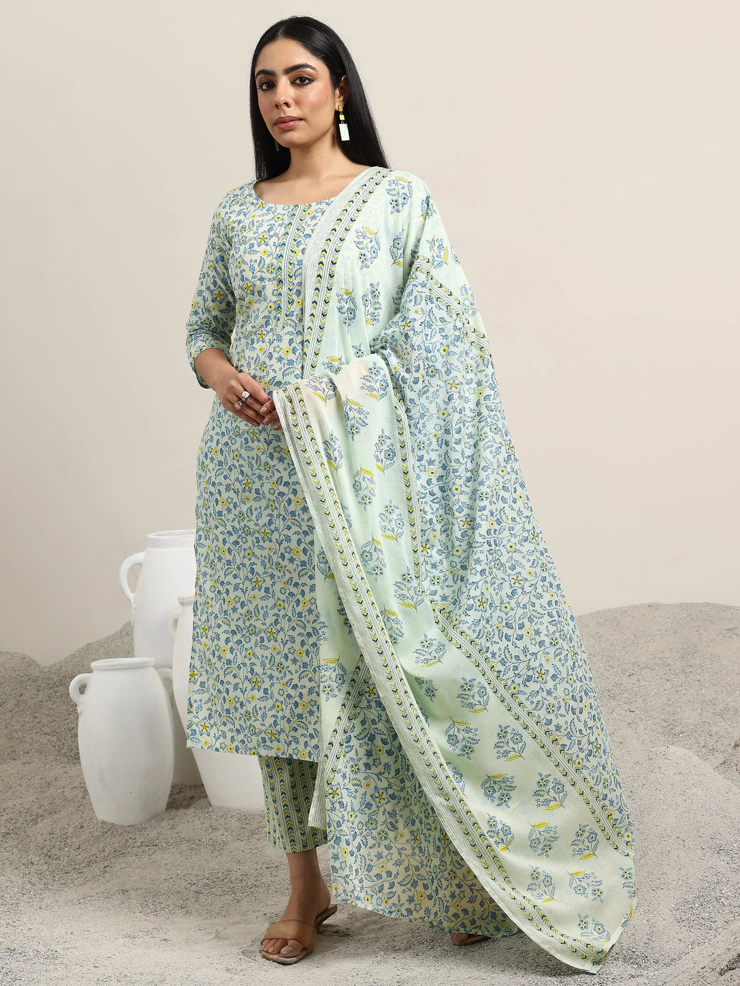  Blue Printed Cotton Straight Suit With Dupatta 